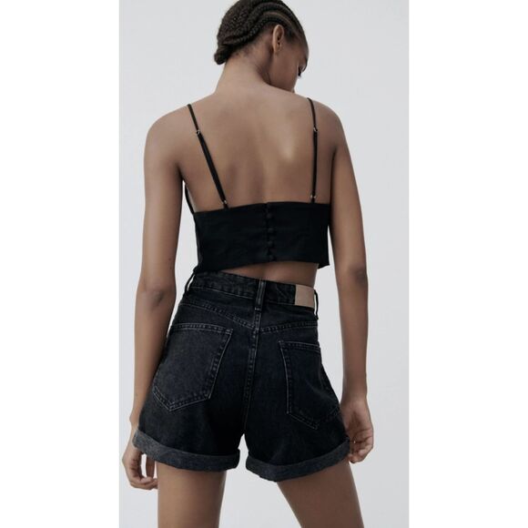 NWT ZARA Black Mom Fit High Rise Bermuda Denim Jean Shorts Womens 0 - Picture 2 of 5